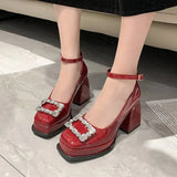 red High Heels Platform Pumps Women's Square Toe Thick Heels Mary Janes Woman pu Leather High Heels Shoes Party