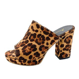 Leopard Women Slippers Square High Heels Black Pink Concise Top Quality Casual Women Mules Shoes Women Peep Party