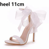 Queen Woman Sweet Bow Knot Elegant Ankle Strap Party Sandals Black Thin High Heels White Wedding Shoes Open