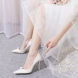 Spring and Autumn New Fashion Pointed Leather Face Pearl Solid Fine Heel Outwear High Heel Single Shoes Shallow Toe