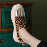 Fashion Horsehair Genuine Leather Leopard Round Toe Thick Bottom Sneakers Slip on Casual Women Vulcanized