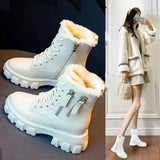 Leather Platform Ankle Boots Women Lace-Up Zipper Thicked Plush Snow Boots Woman Winter Non-Slip Warm Cotton Shoes