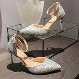 Heels Wedding Bride Shoes Women 2024 Luxury Ankle Buckle Stiletto Heel Pumps Women Silver Sequins Pointed Toe Pumps