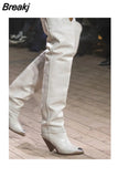 Pointed Toe Thigh High Boots for Women Sexy Rivet Stud Slip On Women's High Boots Tassel Decor Spike High Heel Botas