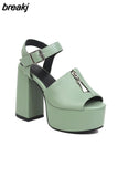 Zipper Embellished Super High Chunky Heel Square Toe Peep Toe Sandals High Waterproof Platform Ankle Belt Buckle