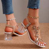 Women Sandals 2023 Summer Crystal Flower Decoration Chunky Heel Peep Toe Back Strap Elastic Band Elegant Fashion Women's