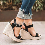 Style 2023 Slope Heel Women's Shoes Straw Braided Hemp Rope Large Size Female Sandals Clasp Fish Mouth Sandals