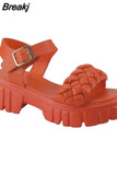Trend Women Candy Color Sandals Summer Platform Chunky Heels Open Toe Solid Weave Buckle Strap Ladies Punk Shoes