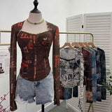 Quality Explosion Fang Lace Splicing Tie-Dye Mesh Long Sleeve Tight Babes With Chest Pads Short Top