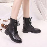 Women's Shoes Mid Calf Boots Block Heels Ladies PU Leather Lace Up Cool Motorcycle Boots Comfortable Female Autumn Footwear