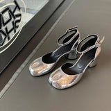 Designer Tabi ninja high heels shoes woman ankle strap silver crack leather pumps split toe D'orsay mary janes shoes