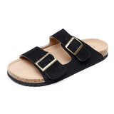 Summer New Men's Cow Suede Leather Mule Clogs Slippers High Quality Soft Cork Two Buckle Slides Footwear For