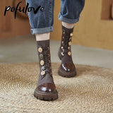 Women Boots Spring Winter Shoes Fashion Design Shoes Platform Boots Brown Black Leather Botas Button Ankle Boots