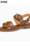 Size 34-40 Women Flats Sandals Genuine Leather Low Heels Summer Shoes For Women 2023 Trend Buckle Retro Heeled