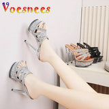 Women New Crystal Slippers 14.5CM Fashion Model High Heels Summer Thin Heels Sexy Party Shoes Waterproof Platform Sequin