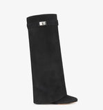 Lock Folded Woman Wedge Boots Black Leather Belt Height Increasing Knee High Boots Pointed Toe Winter Long Boots