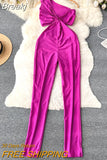 Women Sexy One Shoulder Jumpsuits Summer New Sleeveless Hollow Out Waist Slim Stretch Full Length Pencil Pants