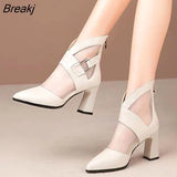 Summer Women Ankle Boots Hollow Mesh Breathable Chunky High Heels Soild Casual Female Shoes PU All-matching Botas De