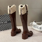 Knee High Brown Long Boots Comfort Square Heel Zip Belt Buckle Platform Boots for Women Plush Edge Warm Gothic
