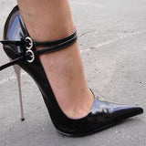 Black Patent Leather Silver Metal Heels Pumps Pointed toe Ankle Strap Stiletto Heels Dress Shoes Lady Club Dress