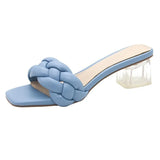Slippers Transparent High Heels New Summer Shoes Square Heel Weave Square Toe Slippers Ladies Sexy Ladies Leather