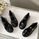 Breakj Sweet Bows Black Small Leather Shoes 2024 Round Head Light Mouth Buckle Low Heel Mary Jane Single