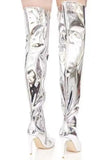 Women Boots Mirror Platform Pointy Toe Punk High Thin Heels Over the Knee Long Boots Autumn Winter Zip Silver Casual Party