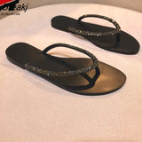 Summer Flip Flops Women Rhinestones Slippers Black Simple Sandals Plus Size