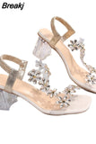 Women Sandals Pvc Crystal Flower Decoration Chunky Heel Peep Toe Back Strap Elastic Band Elegant Fashion Shoes