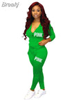 Fall PINK Letter Print Tracksuits Women Zip Hooded Long Sleeve Coat And Pants Two Piece Set Female Casual Sport