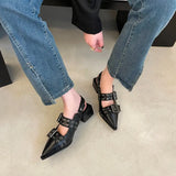 Big Size Summer New Korean Version of Shallow Mouth Flat Women's Shoes Belt Buckle Small Pointed Head Rivet Single