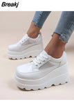 New White Wedge Strap Shoes Platform Breathable Hollow Shoes Thick Sole Large High Heels Women's Shoes Heels