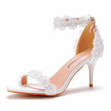 Breakj Cm Temperament With Light Mouth Fine Sandals White Lace Wedding Shoes Fine Heel Beads Small Size Summer
