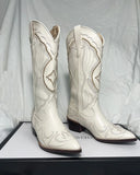 White Cowboy Western Knee High Boots Design Chunky Heel Pointed Toe Slip On Autumn Long Boots Ridding Casual