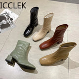 Solid Ankle Boots for Women Casual Block Heels Waterproof Boots Women Soft Leather Women's Ankle Boots Short Shoes