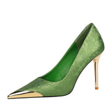 Breakj National Style Women's Shoes High Heels Silk Thin Heel Shallow Metal Pointed Head Satin Banquet High Heel Singles