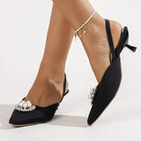 Brand Crystal Buckle Pearl Designer Shoes Women Low Thin Heels Sandals Pointed Toe Slingback Slip On Mules Dress