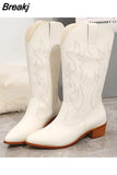 Boots Pointed Toe Mid Calf Boots Autumn Winter 2023 Vintage Style Embroidery Boots Thick Heels Comfy Walking Lady