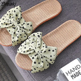 Bowknot Linen Slippers Women Japanese Cute Wave Point Home Indoor Shoes Non-Slip Women's Linen