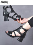 Heeled Sandals Female 2023 New Summer Fish Mouth Shoes Chunky Heel Roman Back Zipper Sandals Solid Casual Sandales
