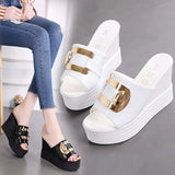 Breakj Summer New Wedge Sandals Platform Platform Shoes High Heel Fish Mouth Cool Drag A Word Drag Sequins Female Slippers To