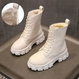 Winter Snow Boots Women Black White Fur Boots Leather Ankle Booties Fashion Fall Shoes Platform Chunky Boots