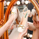 Women's Mid-heel 5.5CM 2023 Summer French Style Back Empty Female Thick Heel Square Toe Mary Jane Shoes Black Green Talon