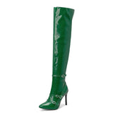 Winter Thin Heels Thigh Boots Women Pointed Toe Over the Knee Boots Big Size 48 Buckles Stiletto Patent Leather Zip
