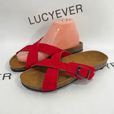 Cross Strap Red Flat Slippers for Women Plus Size 43 Non Slip Cork Sandals Woman 2023 Summer Platform Beach Flip