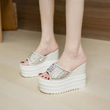 Rhinestone Wedges Heel Women Slippers Platform Shoes Peep Toe Height Increasing Slides Ladies Sandals Zapatos De
