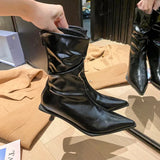 Black Leather Women Ankle Boots Thin Mid Heels Stretch Booties Back Zipper Pointed Toe Fold Design Elegant Winter