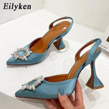 Rose Red Women Pumps Silk Satin Pointed Toe Rhinestone Crystal High Heels Woman Wedding Dress Pumps On Cup Heeled