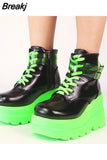 Brand Design Black Gothic Style High Heels Black Front Zipper Ankle Platform Boots Street Cool Woman Wedges