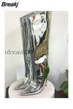 Women's High Boots Gold Silver Pointed Toe Knee-high Boots For Woman Sexy High Heels Party Shoes Ladies Stiletto